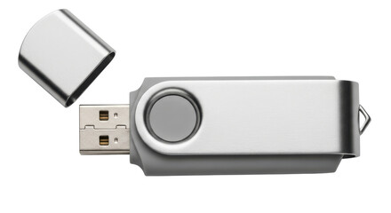 Silver USB Flash Drive with Rotating Cap Product Shot on White Background