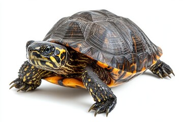Fototapeta premium close-up of a patterned land turtle with glossy dark shell and vivid yellow-orange markings, calm alert expression on a clean white background