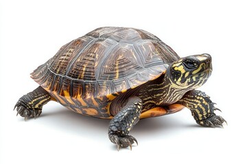 Obraz premium close-up portrait of a yellow-striped turtle with a domed patterned shell and sharp claws on a white background, calm curious expression