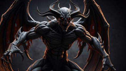 Muscular demon with horns and wings in dark fantasy setting