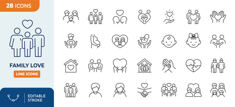 Family and Love line editable icons set. editable stroke. Vector illustration