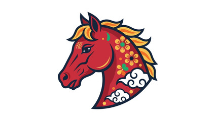 red horse head with colorful mane and decorative patterns.