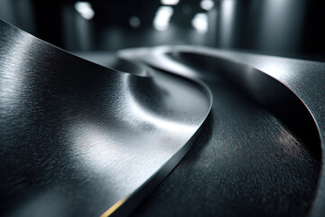 An abstract composition with smooth metallic surfaces forming curved lines and waves.  