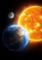 In a vast expanse of space, the bright sun radiates warmth and energy, illuminating the blue-green Earth below. The serene moon orbits gracefully, completing this cosmic panorama of unity and harmony.