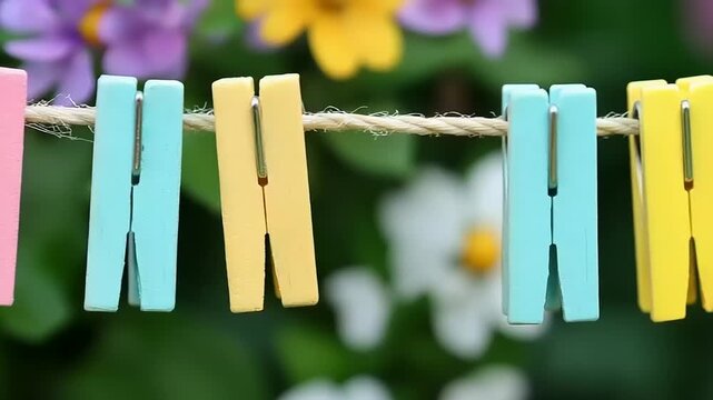 Four pastel colored wooden clips fastened to a clothesline outdoors with blurred floral background