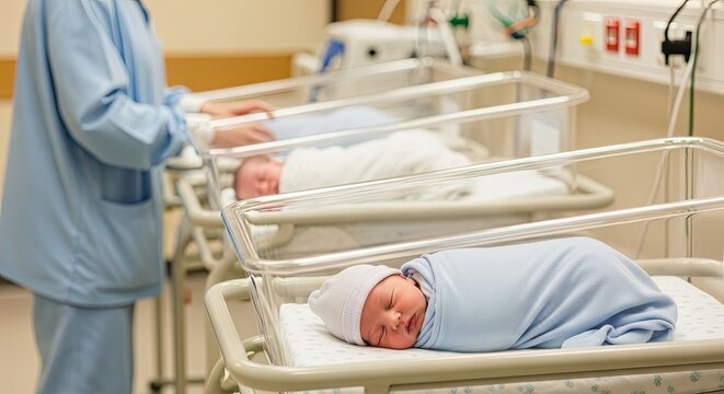 Newborn babies in hospital cribs with medical equipment in the background.