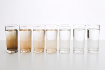 Water purification comparison grid showcasing gradient from contaminated to clear samples