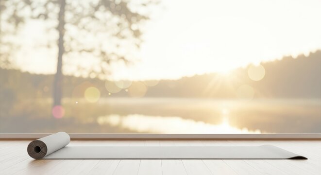 A yoga mat rolled up on a wooden floor in front of a serene lake at sunset.