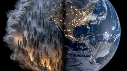 Dramatic split view of a raging forest fire transforming into a luminous night Earth, creating a powerful climate crisis visual ideal for environmental campaigns.