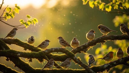 Sparrows and birds on mossy tree branch at sunrise