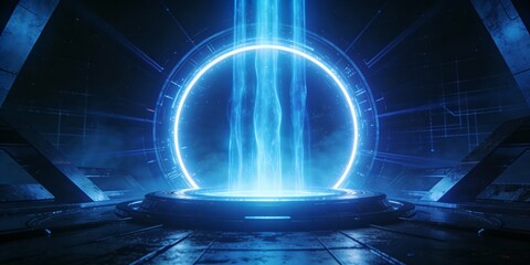 A futuristic sci-fi portal emits blue energy light, featuring a glowing circular frame, set in a high-tech interior with digital textures and atmospheric haze.