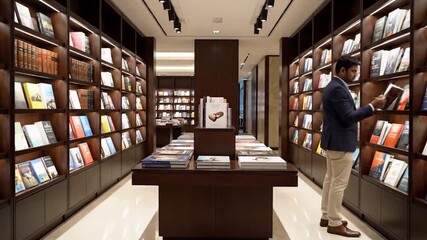Man browsing books in a modern, well-lit bookstore with extensive wooden shelves.