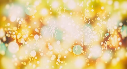 Golden confetti and balloons against a yellow and green background.