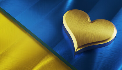 Złote tr&oacute;jwymiarowe serce na pierwszym planie ilustracji. Całość utrzymana w tonacji koloru ż&oacute;łtego i niebieskiego. 