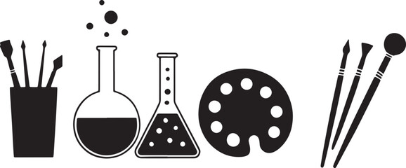 Art and science equipment vector silhouettes in black, simple flat style with transparent background