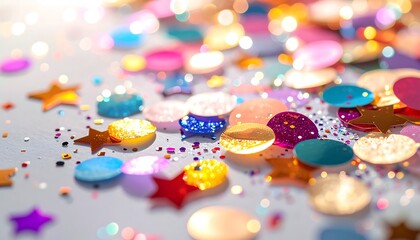 A sparkling collection of festive confetti and glitter scattered across a shimmering surface, perfect for celebratory occasions and decorative designs