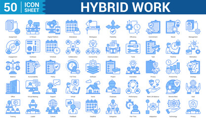 Hybrid Work blue style Icon Set Collection Concept With Icon Of assignment, in person, digital platform, attendance, workspace, flexibility, efficiency, management, and more. Illustration eps