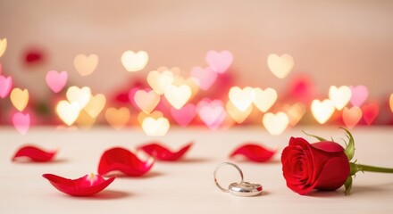 A red rose with petals on a wooden table with a blurred background of heart-shaped lights.