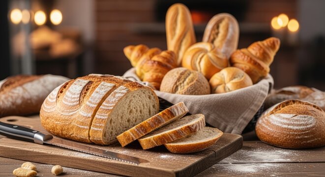 A variety of breads and pastries on a wooden table with a basket of bread in the background.