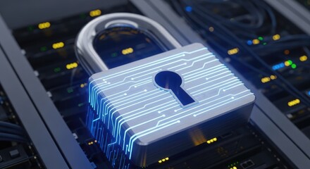 A padlock with a keyhole on a server rack.