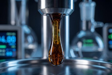 Close up of viscous amber oil drop falling from metal nozzle in modern pharmaceutical laboratory