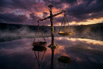 Old rusty balance scale reflecting in calm water under a moody purple and orange evening sky at dusk