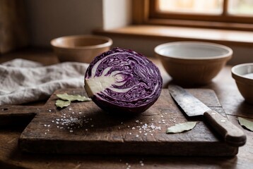 Fresh halved red cabbage on vintage wooden cutting board with scattered salt and kitchen knife