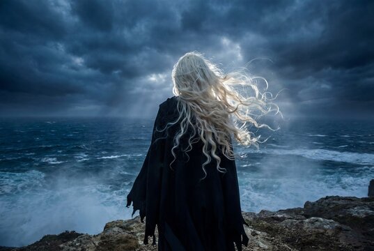 Mysterious woman in black cloak with long white hair watching stormy ocean waves from cliff top - Powered by Adobe