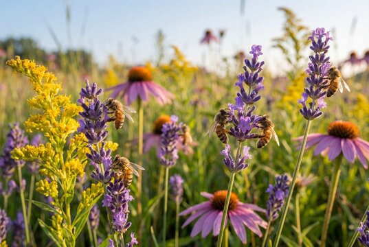 Honeybees foraging on purple lavender and yellow wildflowers in a sunny meadow during summer day - Powered by Adobe