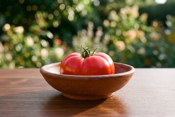 Fresh ripe red tomato in a rustic clay bowl on a wooden table with a blurred green garden background