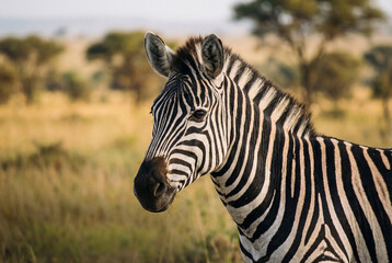 Close up portrait of a wild plains zebra standing in the african savanna with blurred acacia trees