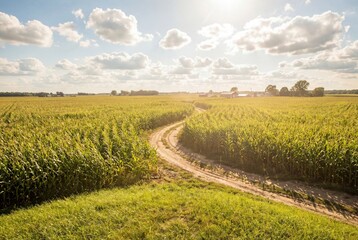 Curved dirt road cutting through a lush green cornfield under a blue sky with fluffy white clouds