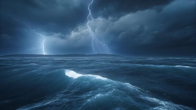 Blue Ocean Waves and Dark Stormy Clouds with Lightening in Distance