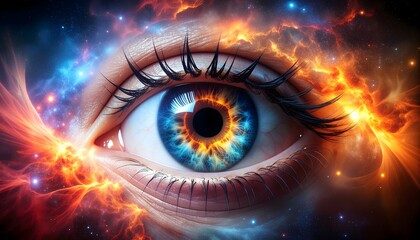 A vivid human eye blends with cosmic light and swirling galaxy tones, symbolizing perception and awareness.