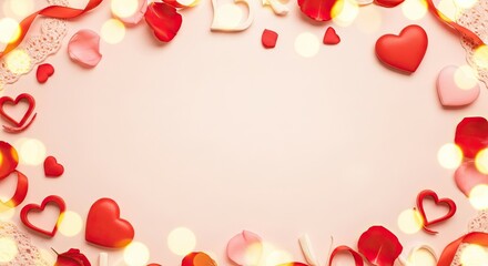 A pink and red heart-shaped frame with scattered red and pink petals and white lights on a pink background.