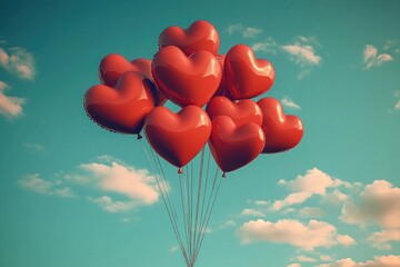 cluster of glossy red heart-shaped balloons floating against a bright turquoise sky with scattered clouds, evoking joyful romantic whimsy