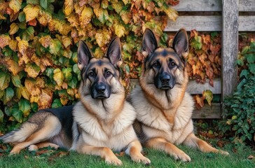 Two attentive german shepherds lying side by side on green grass by a wooden fence draped in autumn leaves, calm and loyal expression