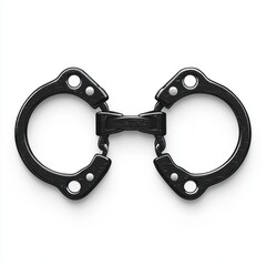 pair of black metal handcuffs connected by a short hinge on a white background, evoking restraint, confinement and authority