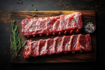 Two raw beef rib racks on a wooden cutting board with herb sprigs and coarse salt, rustic appetizing raw meat preparation