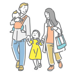 春のお散歩を楽しむ若い家族　シンプルでお洒落な線画イラスト