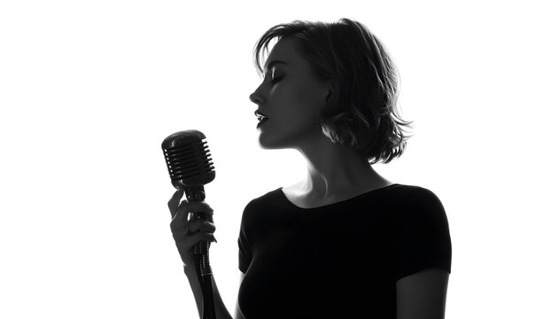  female singer in profile, standing posture, holding a vintage broadcast microphone, strong neck and jaw silhouette, natural shoulders