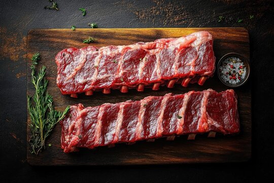 Two raw beef rib racks on a wooden cutting board with herb sprigs and coarse salt, rustic appetizing raw meat preparation