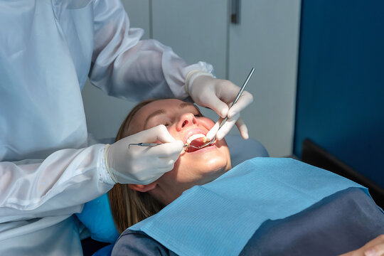 Dentist performing routine dental checkup and oral examination of a patient using mirror and probe. Preventive dentistry visit in a modern clinic with sterile conditions.