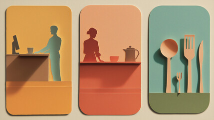 Paper cutout style illustrations of people and kitchen utensils