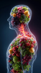 Human silhouette filled with fruits and vegetables