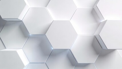 Abstract 3D white hexagonal geometric pattern, modern minimalistic texture with smooth surfaces. Ideal for interior design, architecture, digital art backgrounds.