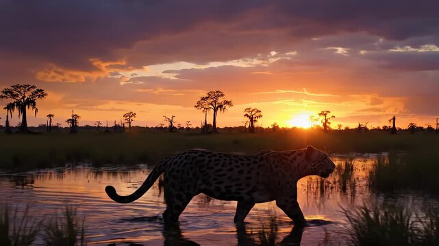 Florida panther silhouette walking through swamp at fiery sunset