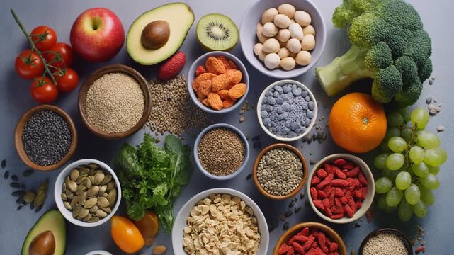 A vibrant assortment of healthy, fresh foods including fruits, vegetables, nuts, seeds, and grains, showcasing a nutritious and balanced diet