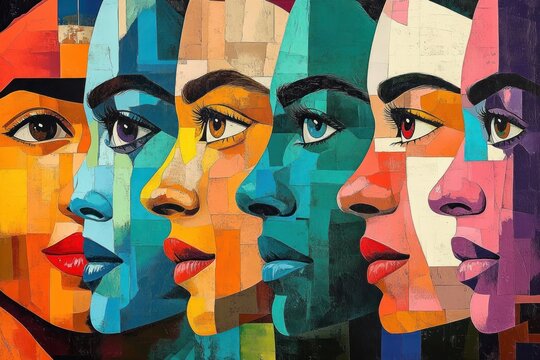 Colorful abstract painting of six female faces in profile with varied vibrant hues and geometric patchwork patterns expressing diverse emotions and unity