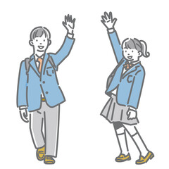 A simple and stylish line drawing of a smiling high school student waving